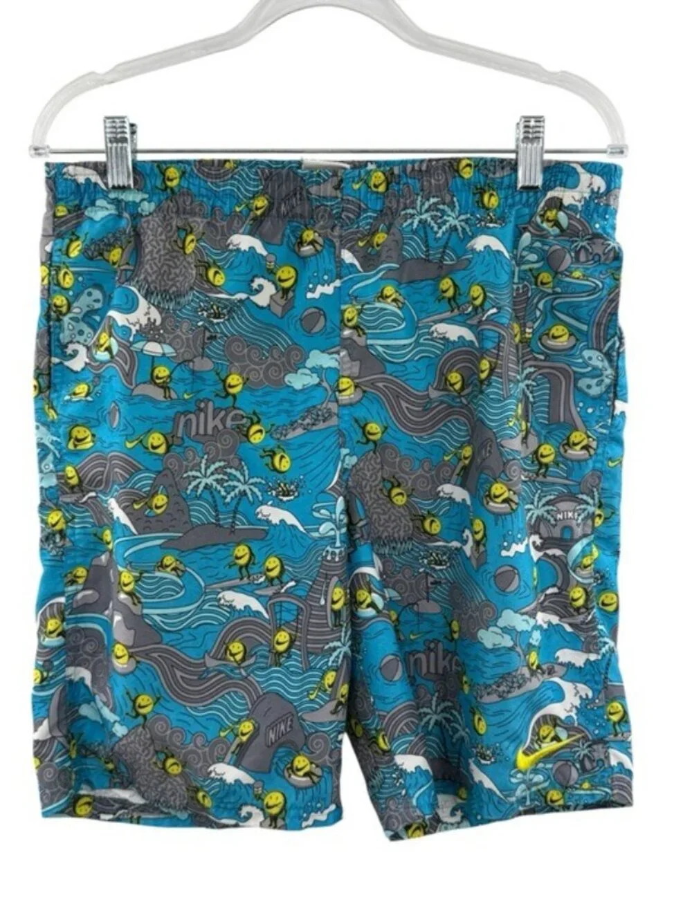 Nike Boys Pool Party 7” Volley Swim Shorts XL 158-170 Blue Smiley Face Lined
